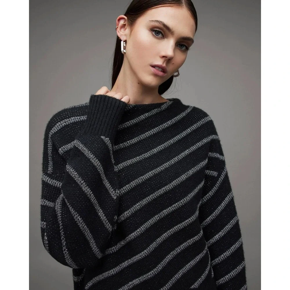 AllSaints Womens Vega Sweater Jumper M Black Alpaca Wool Striped Cropped‎ $248